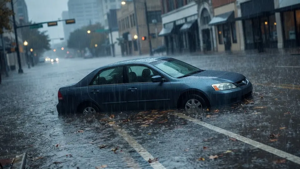 Abstract editorial illustration for: 20 Inches of Rain Expected Across East Texas as Tropical Depression Edouard Stalls