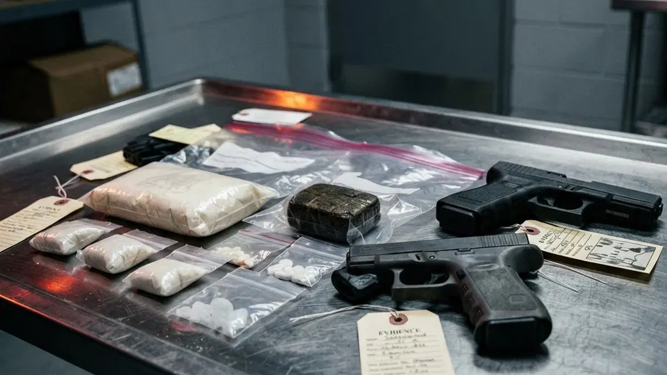 Abstract editorial illustration for: Augusta Traffic Stop Leads to Major Drug and Weapon Seizure