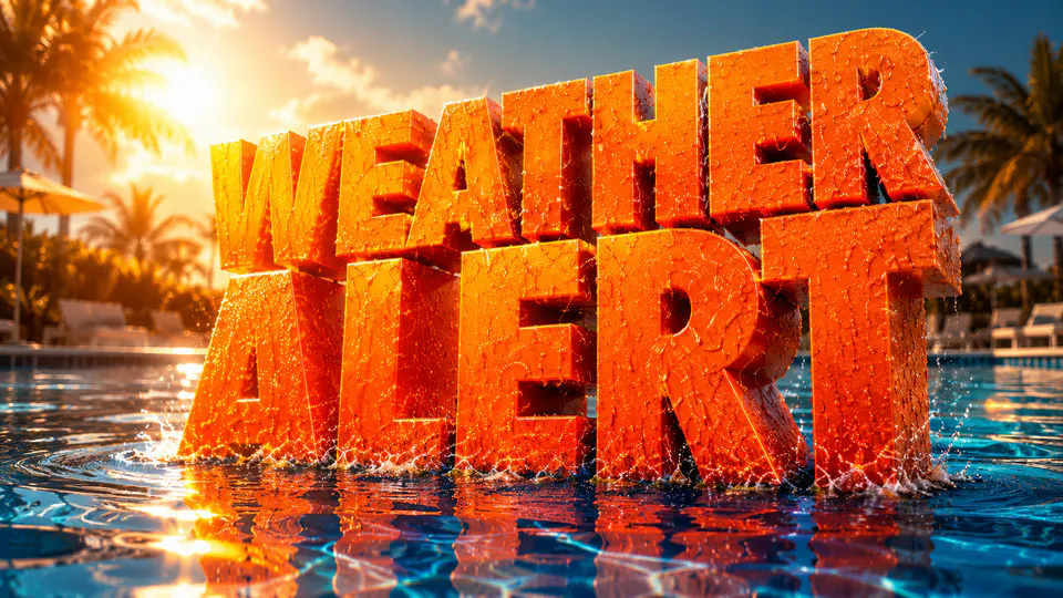 Large orange 3D block letters spelling 'WEATHER ALERT' partially submerged in a bright blue swimming pool, with water droplets visible on the letters. The background shows palm trees and a sunny sky at sunset, creating a warm and tropical aesthetic.
