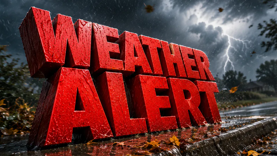 A large, 3D red block-letter sign reading 'WEATHER ALERT' stands on a wet sidewalk during a storm. Raindrops are visible on the surface of the letters. In the background, a dark, turbulent sky features a bright lightning bolt striking above a tree-lined street with fallen autumn leaves scattered on the ground.