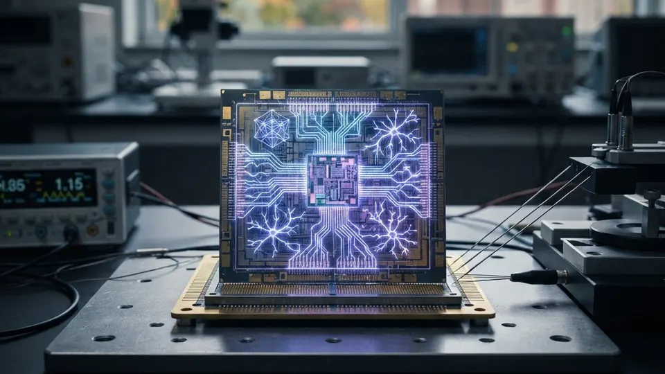 Abstract editorial illustration for: Grant funds hybrid system that could spur vast energy improvements to computing