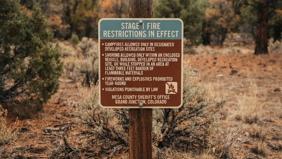 Abstract editorial illustration for: Mesa County Fire Restrictions Lowered to Stage 1 Today
