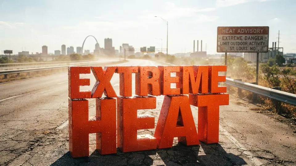 Weather title card: Missouri Weather: 99° Heat Trend for Labor Day Weekend in St. Louis