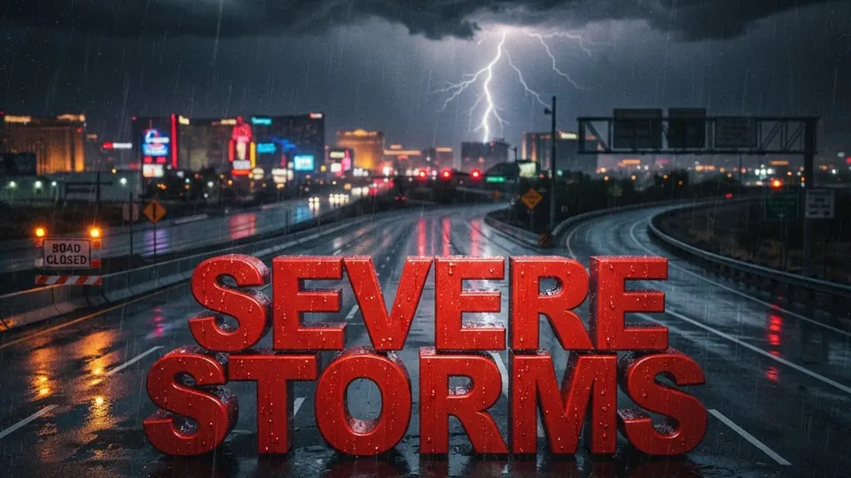 Weather title card: Nevada Weather: Weekend Cool-Down and Storms Alert in Las Vegas