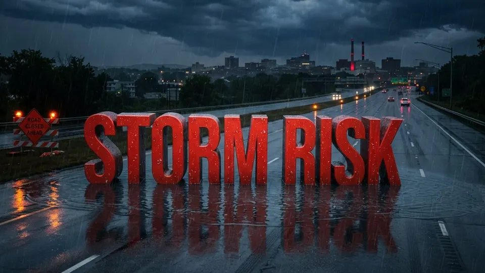 Weather title card: New Hampshire – 74° Weekend Storm Risk: Travel Alert for I-93 by Saturday