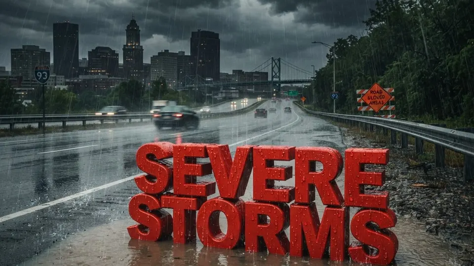 Weather title card: New Hampshire Weather: 75° Saturday Storms Hit I-93 in Manchester