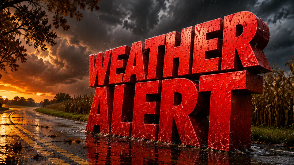 Large 3D bold red letters spelling 'WEATHER ALERT' stand on a wet rural asphalt road. Rain is falling, and droplets are visible on the letters. In the background, there is a stormy dark sky, a sunset glow on the horizon, and dry corn fields on either side of the road. The scene conveys a sense of approaching severe weather.