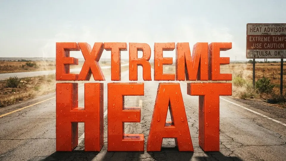 Weather title card: Oklahoma Weather: Triple-Digit Heat Intensifies for Labor Day Weekend in Tulsa
