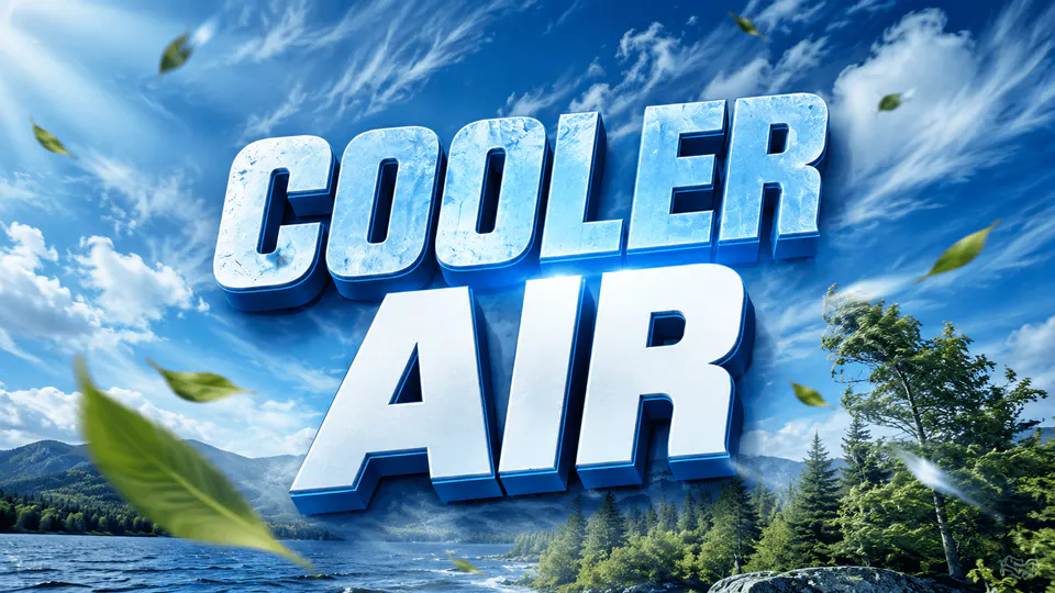 A stylized graphic featuring the words 'COOLER AIR' in large, 3D, icy-textured letters centered over a scenic view of a lake and mountain range under a bright, sunny blue sky with scattered clouds and wind-blown leaves.