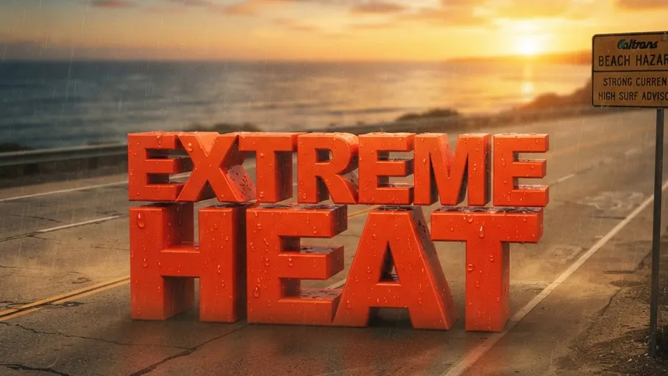 Weather title card: San Diego, CA Weather: Labor Day Heat Near I-5 Brings Beach Hazards
