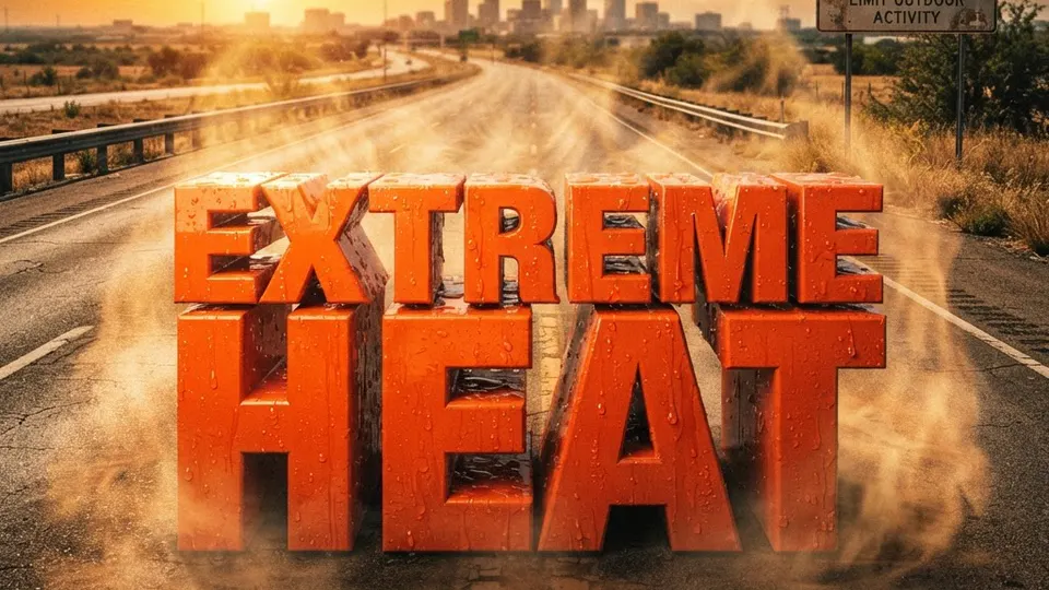 Weather title card: Texas Weather: 100-Degree Heat Hits I-35 for Labor Day Weekend in Fort Worth