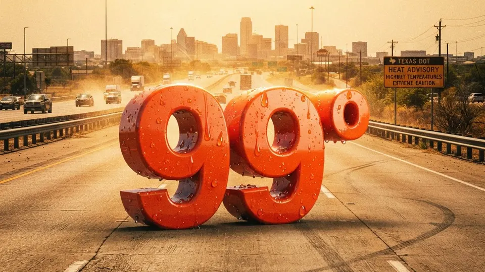Weather title card: Texas Weather: 99-Degree Heat Impacts I-35 Labor Day Weekend in Arlington