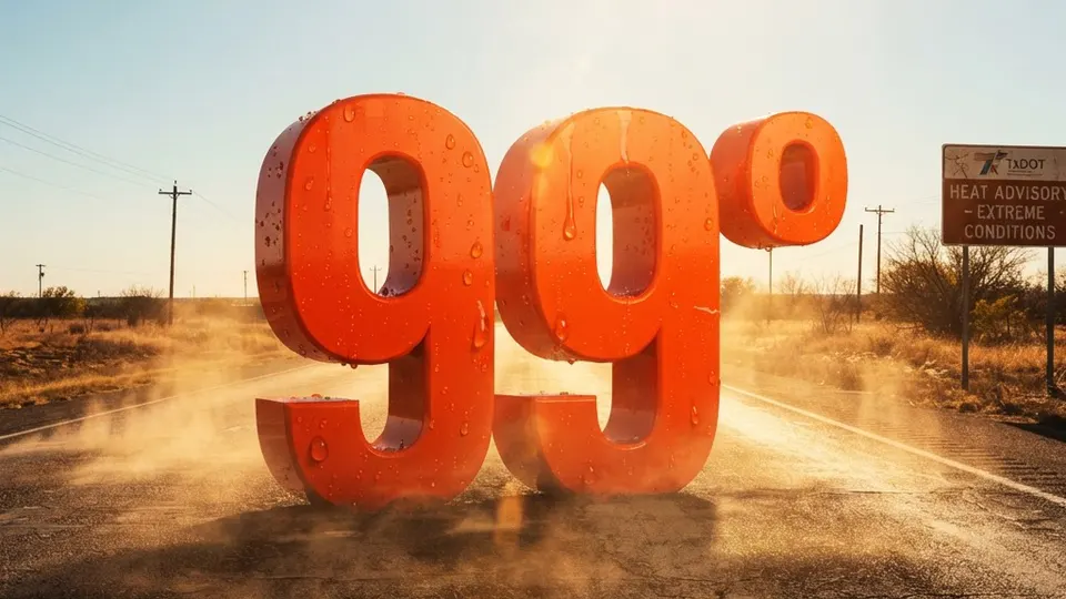 Weather title card: Texas Weather: 99° Heat for Labor Day Weekend Travel Plans in Austin
