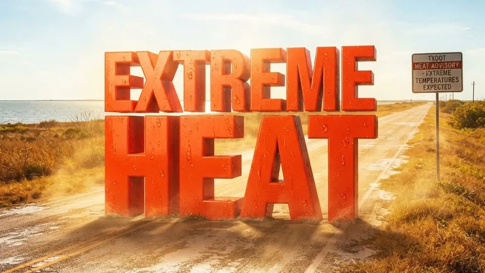 Weather title card: Texas Weather: Labor Day Weekend Heat Alert in Corpus Christi