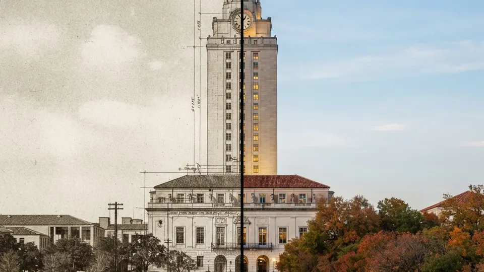 Abstract editorial illustration for: UT, Then and Now