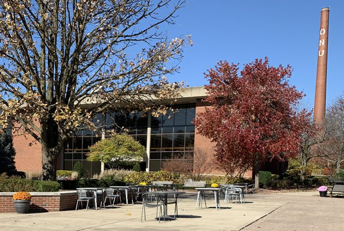 ONU Tree of Life Benner Library Smokestack Olivet Nazarene University COVID-19 pandemic empty tables Fall October 2020