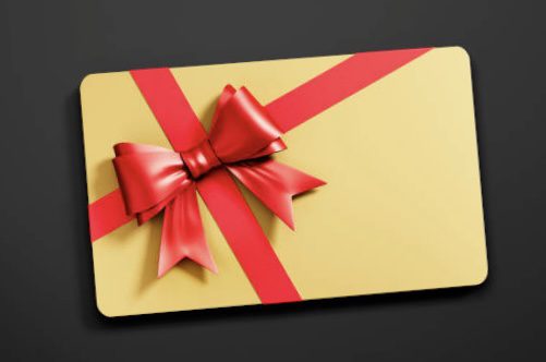 Golden Gift Card with red tied Bow on dark Background